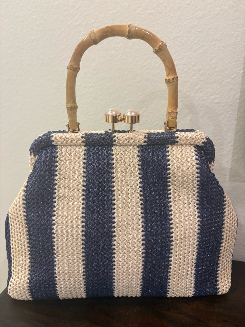 Tommy Bahama Navy and Cream Striped Woven Top-Handle Shoulder Bag - Picture 5 of 7